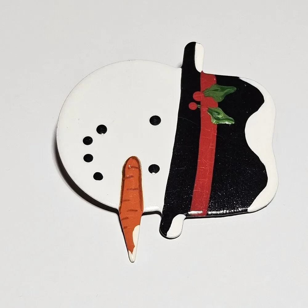 Signed Handmade Vintage Painted Metal Snowman Brooch